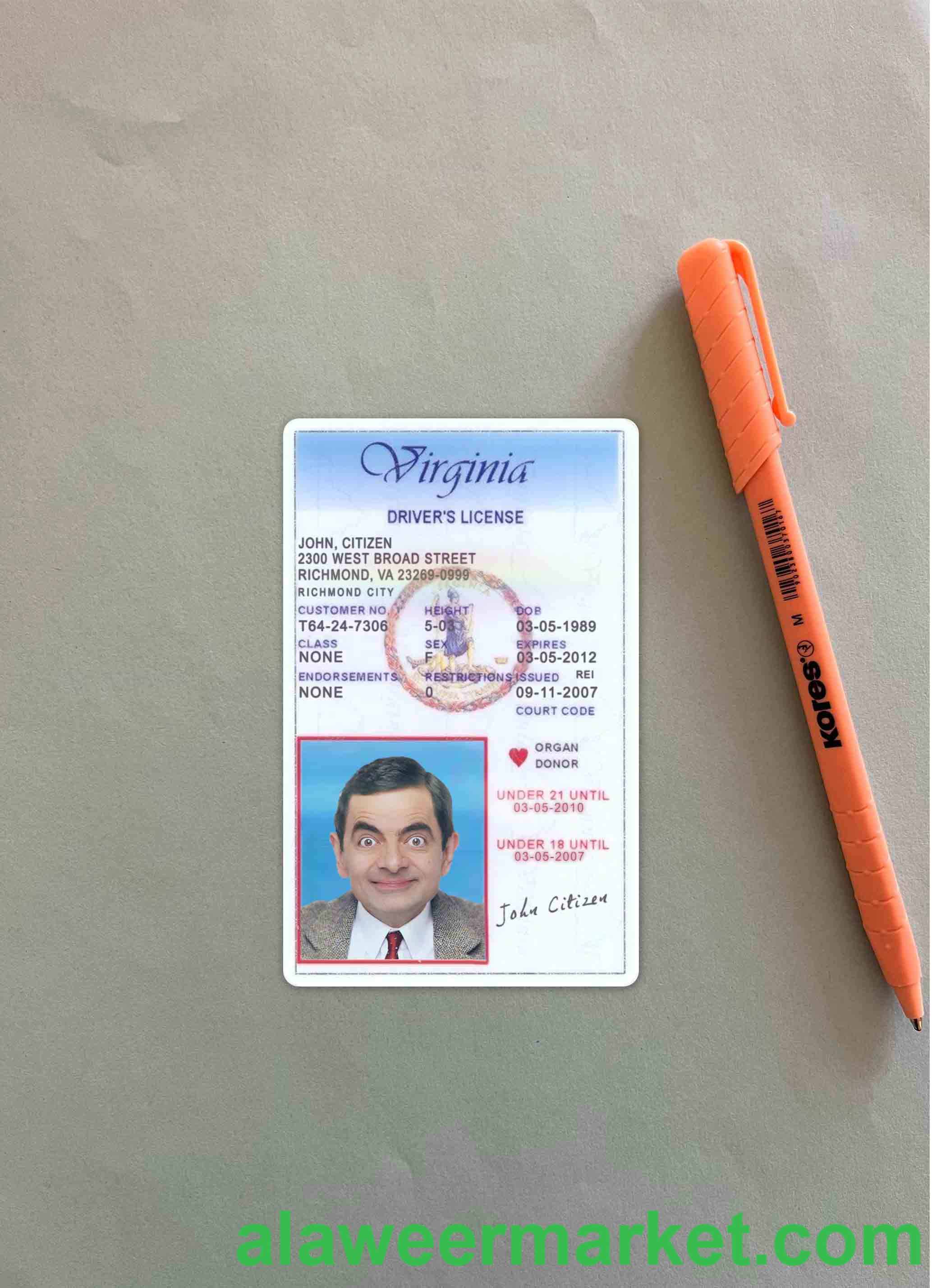 USA Virginia driving license under 21 photolook FRONT